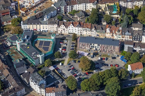 Aerial view, construction site for new cultural centre at Wilhelmsplatz and savings bank building