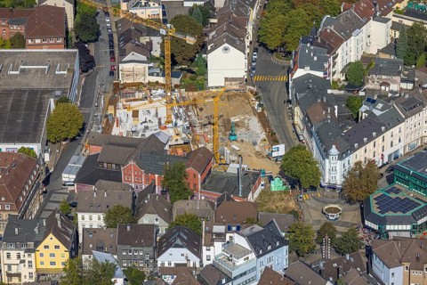 Aerial view, construction site and new building between Neumarkt and Schulstraße in Schwelm, Ruhr