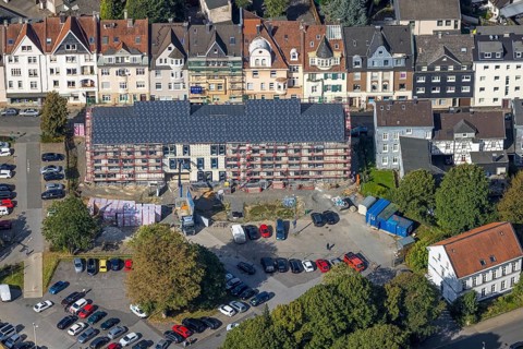 Aerial view, construction site for new cultural centre at Wilhelmsplatz in Schwelm, Ruhr area,
