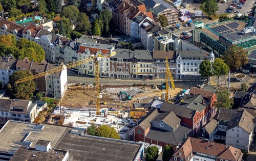 Aerial view, construction site and new building between Neumarkt and Schulstraße in Schwelm, Ruhr