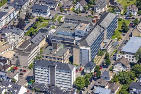 Aerial view, St. Martinus-Hospital, Olpe-Stadt, Olpe, Sauerland, North Rhine-Westphalia, Germany,