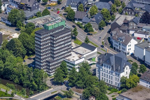 Aerial view, Olpe town hall and town archive, Olpe town, Olpe, Sauerland, North Rhine-Westphalia,