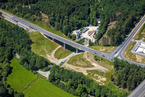 Aerial view, motorway junction Olpe, A45 and B54, Geländer Frischbeton Olpe GmbH, Olpe-Stadt, Olpe,