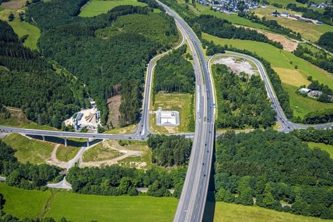 Aerial view, motorway junction Olpe, A45 and B54, Geländer Frischbeton Olpe GmbH, Olpe-Stadt, Olpe,