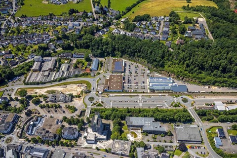 Aerial view, city centre, town hall and city archive, Olpe railway and bus station, car park Alter