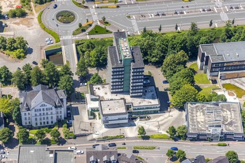 Aerial view, Olpe town hall and town archive, Olpe town, Olpe, Sauerland, North Rhine-Westphalia,