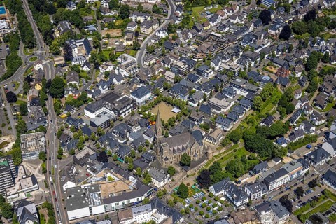 Aerial view, St. Martinus Church, town wall with angel tower, market square and town centre, Olpe