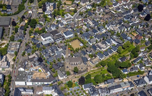 Aerial view, St. Martinus Church, town wall with angel tower, market square and town centre, Olpe