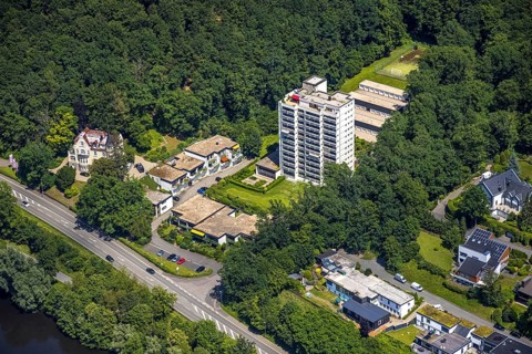 Aerial view, Biggehochhaus and Biggeschlösschen am Biggesee, Olpe-Stadt, Olpe, Sauerland, North
