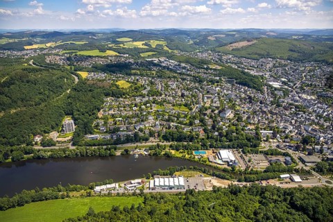 Aerial view, Biggesee, Obersee, leisure pool Olpe, Sea Bounce Indoorsport, Biggehochhaus and