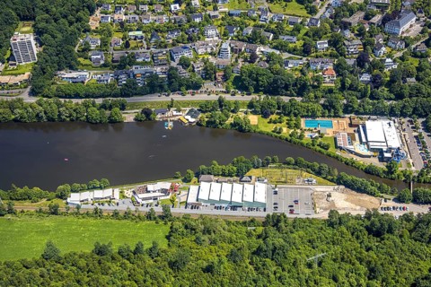 Aerial view, Biggesee, Olpe leisure pool, Sea Bounce Indoorsport, Obersee, Olpe-Stadt, Olpe,