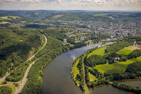 Aerial view, Biggesee, Obersee, Biggehochhaus, Olpe leisure pool, Olpe town view, Olpe, Sauerland,