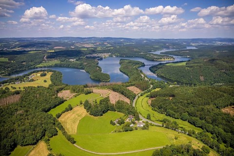 Aerial photo, Biggesee, Rhode, Olpe, Sauerland, North Rhine-Westphalia, Germany, Biggetalsperre,