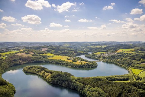Aerial view, Biggesee, Stade headland, local view Eichhagen, Olpe, Sauerland, North