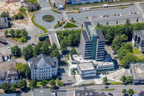 Aerial view, Olpe town hall and town archive, Olpe town, Olpe, Sauerland, North Rhine-Westphalia,