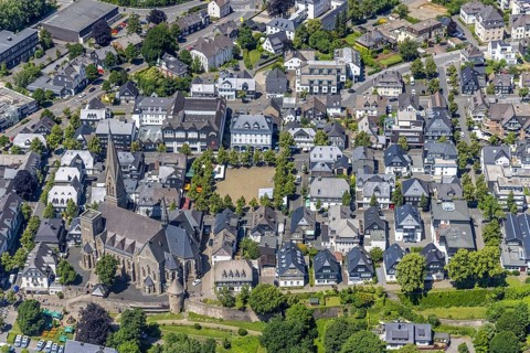 Aerial view, St. Martinus Church, town wall with angel tower, market square and town centre, Olpe