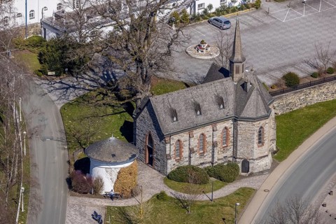 Aerial view, St. Maria Magdalena Church, Gevelinghausen, Olsberg, Sauerland, North