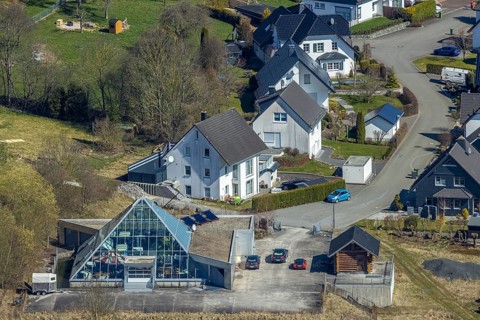 Aerial view, house with glass facade and pointed roof, Gevelinghausen, Olsberg, Sauerland, North