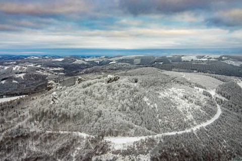 Aerial view of the rock formation Bruchhauser Steine a ground monument with four main rocks on the