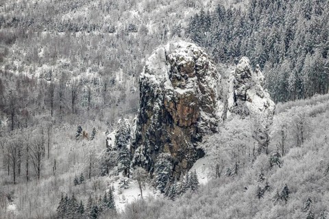 Aerial view of the rock formation Bruchhauser Steine a ground monument with four main rocks on the