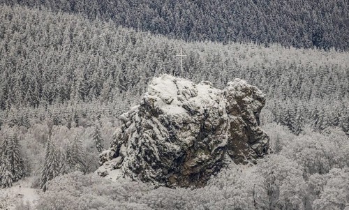Aerial view of the rock formation Bruchhauser Steine a ground monument with four main rocks on the
