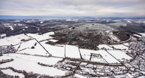 Aerial view of the rock formation Bruchhauser Steine a ground monument with four main rocks on the