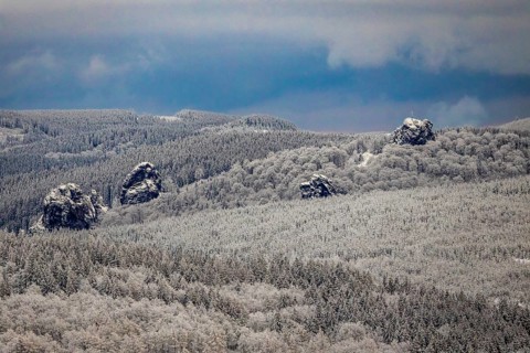 Aerial view of the rock formation Bruchhauser Steine a ground monument with four main rocks on the