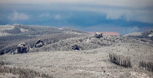 Aerial view of the rock formation Bruchhauser Steine a ground monument with four main rocks on the
