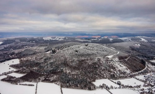 Aerial view of the rock formation Bruchhauser Steine a ground monument with four main rocks on the