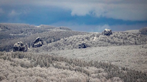 Aerial view of the rock formation Bruchhauser Steine a ground monument with four main rocks on the