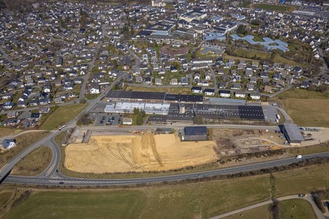 Aerial view, construction site at Körling GmbH, Hans-Körling-Straße, Bigge, Olsberg, Sauerland,