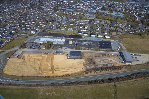 Aerial view, construction site at Körling GmbH, Hans-Körling-Straße, Bigge, Olsberg, Sauerland,