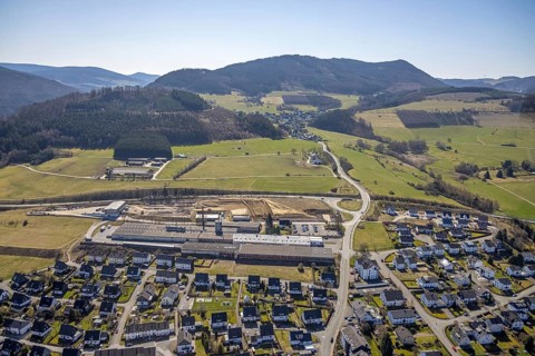 Aerial view, construction site at Körling GmbH, Hans-Körling-Straße, Bigge, Olsberg, Sauerland,