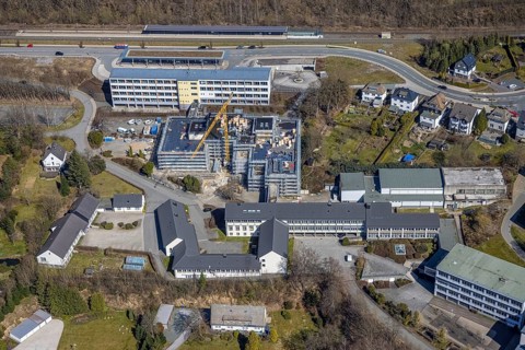 Aerial view, construction site at the vocational college Olsberg of the HSK, Olsberg railway