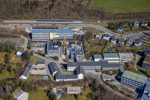 Aerial view, construction site at the vocational college Olsberg of the HSK, Olsberg railway