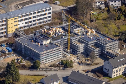 Aerial photo, construction site at the Berufskolleg Olsberg des HSK, Olsberg, Sauerland, North