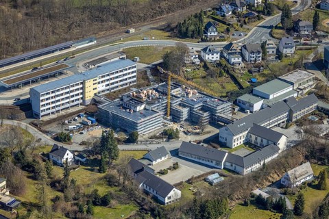Aerial photo, construction site at the Berufskolleg Olsberg des HSK, Olsberg, Sauerland, North