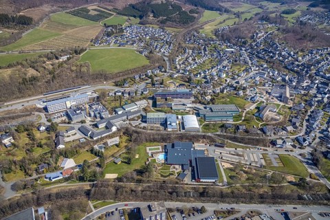 Aerial view, construction site at the vocational college Olsberg of the HSK, Olsberg railway