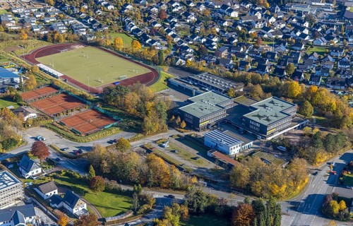 Aerial view, Schmallenberg Municipal Grammar School and sports field in the district of Wormbach in
