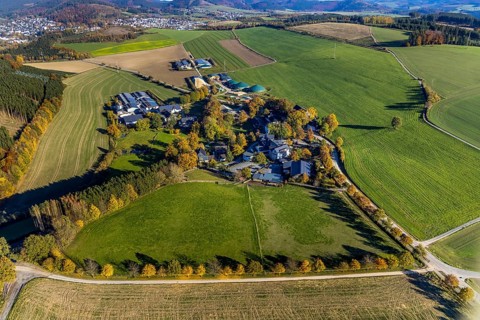 Aerial view, village Ebbinghof with family hotel Ebbinghof in the district Wormbach in