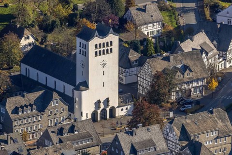 Aerial view, catholic parish church St. Georg in the district Fredeburg in Schmallenberg,