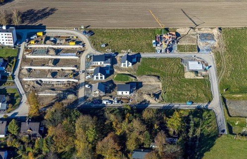 Aerial view, construction site and new construction of residential buildings on Breslauer Straße in