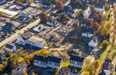 Aerial view, residential project Weitblick with the construction site Hohe Fohr in Schmallenberg,