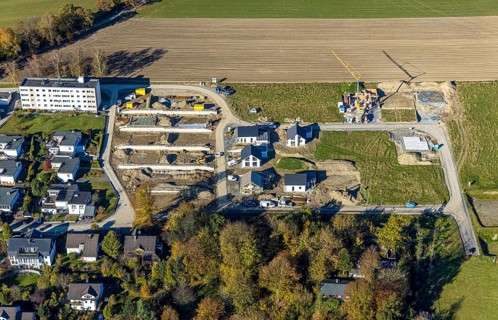 Aerial view, construction site and new construction of residential buildings on Breslauer Straße in