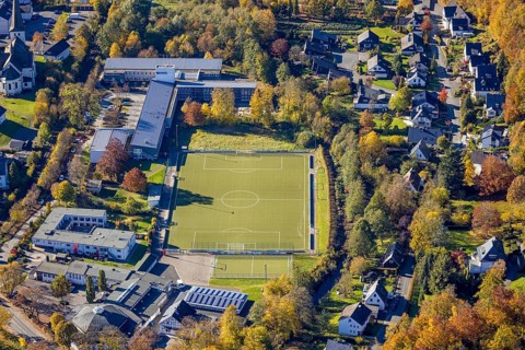 Aerial view, Städt. Special school Ruhraue Olsberg with sports field in the district Bigge in