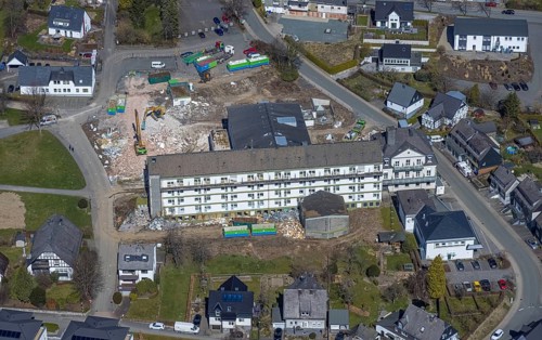Aerial photo, construction site and demolition of nurses' home at St. Josefs-Hospital, Olsberg,