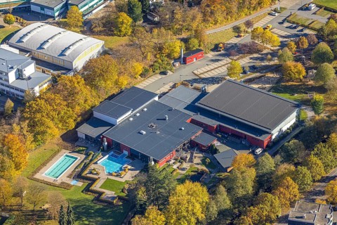 Aerial view, major fire damage at the Aqua Olsberg Sauerlandtherme in Olsberg, Sauerland, North