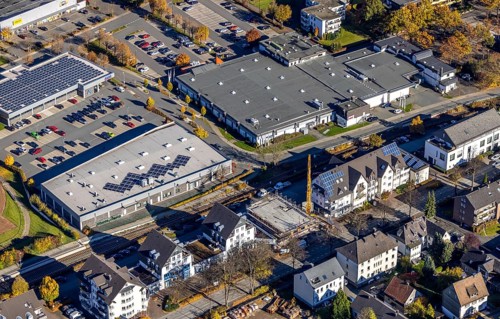 Aerial view, Olsberg employment agency and shopping centre and construction site with new building