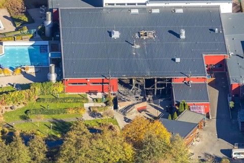 Aerial view, major fire damage at the Aqua Olsberg Sauerlandtherme in Olsberg, Sauerland, North