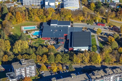 Aerial view, major fire damage at the Aqua Olsberg Sauerlandtherme in Olsberg, Sauerland, North